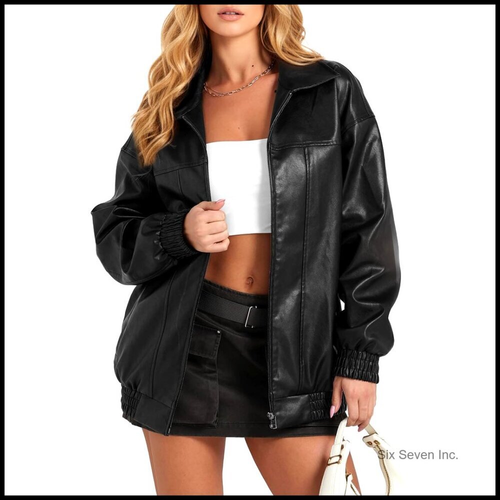 Oversized Faux Leather Motorcycle Jacket Casual Soft Zip Coat Trendy
